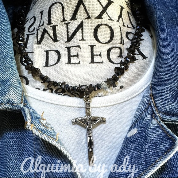 Smokey Quartz Beaded Necklace with Cross Pendant - Picture 3 of 4